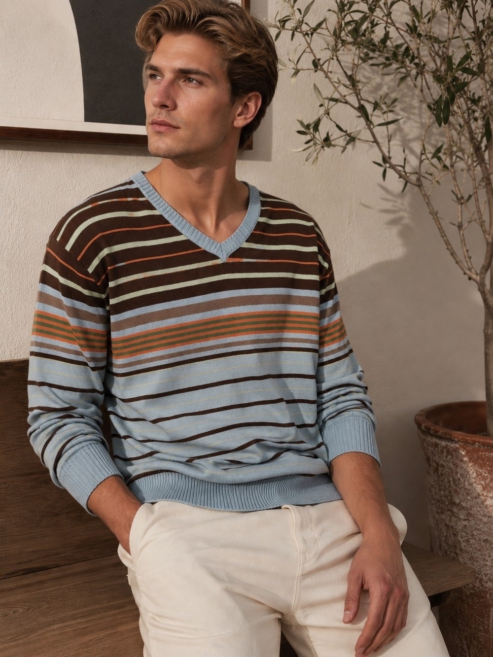 Point Zero Striped Knit Sweater V-Neck Preppy Collegiate Y2K Indie Academia M